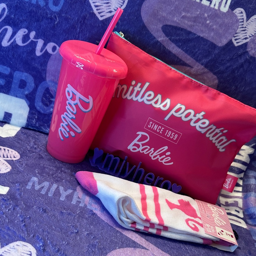 Barbie Vibrant Pink Tumbler, Pouch, and Socks Set